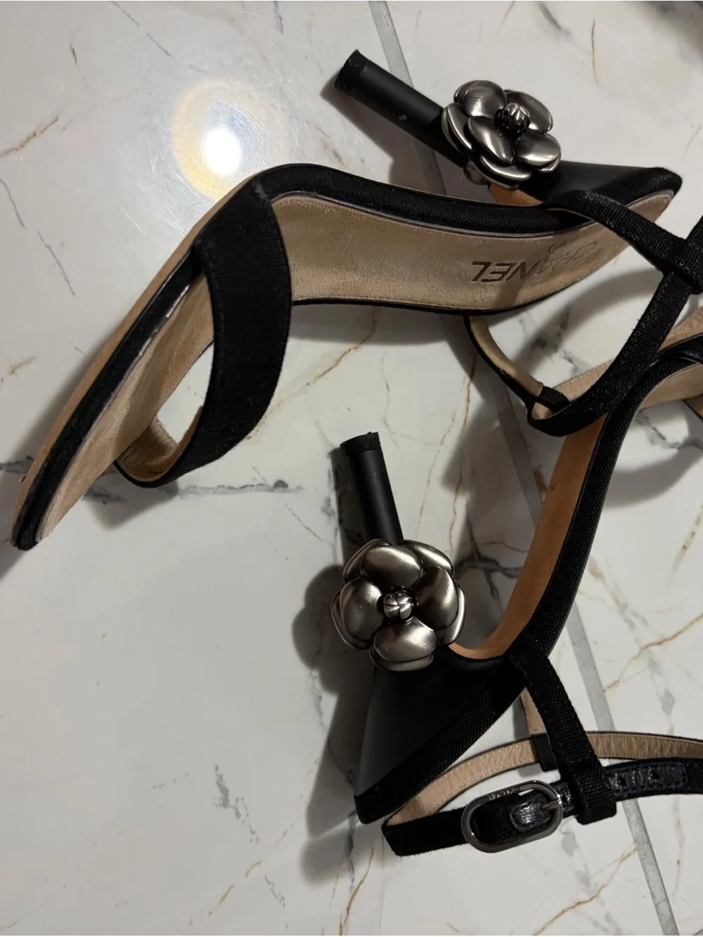 CHANEL Black Suede Strappy Low Heel Sandals